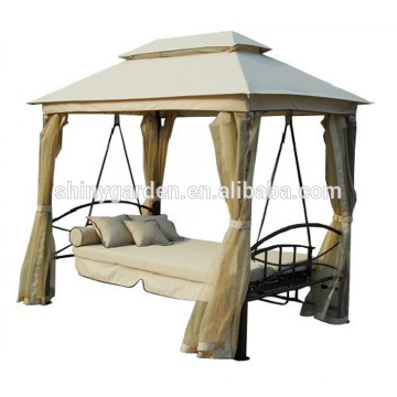 Al aire libre 3 persona Patio Daybed Canopy Gazebo Swing, bronceado con Mesh Walls